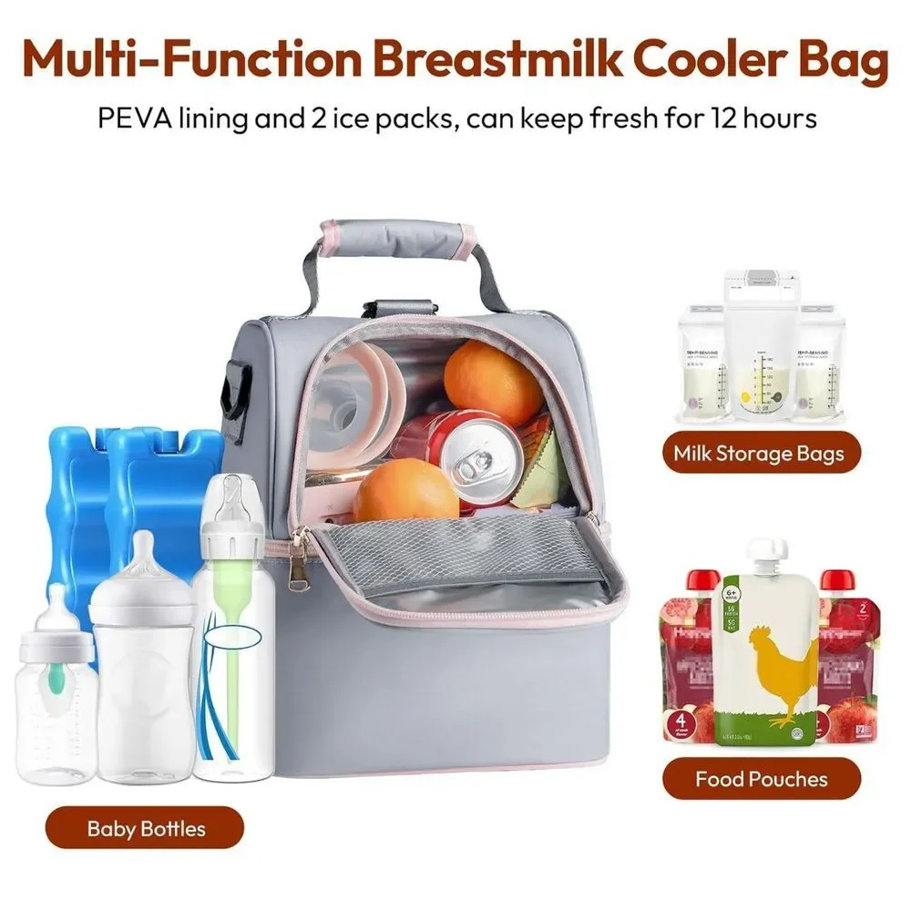 NCVI Breastmilk Cooler Bag 2 Ice Packs Holds 6 Bottles Double Layer Grey Pink